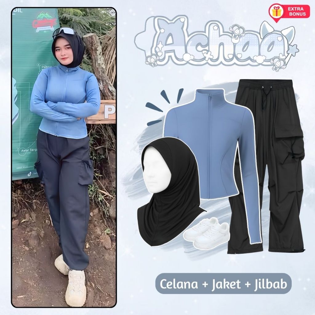 One set 3in1 jaket celana cargo jilbab bergo | ootd outfit oneset setelan wanita anak perempuan cewe