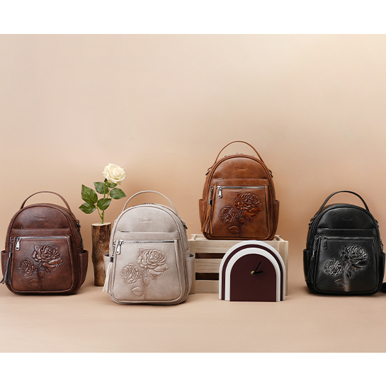 Tas Ransel Mini Wanita, Ransel Kulit Emboss Kecil, Ransel Travel Fashion, Tas Bahu (HITAM-Bunga)