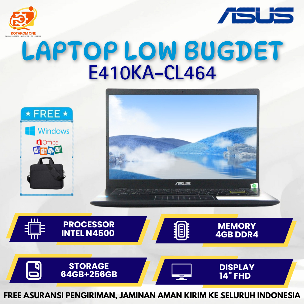 Laptop Asus E410KA - CL464 Intel N4500 Ram 4GB SSD 256GB + Emmc 64GB 14" FHD - Laptop Baru 3 jutaan