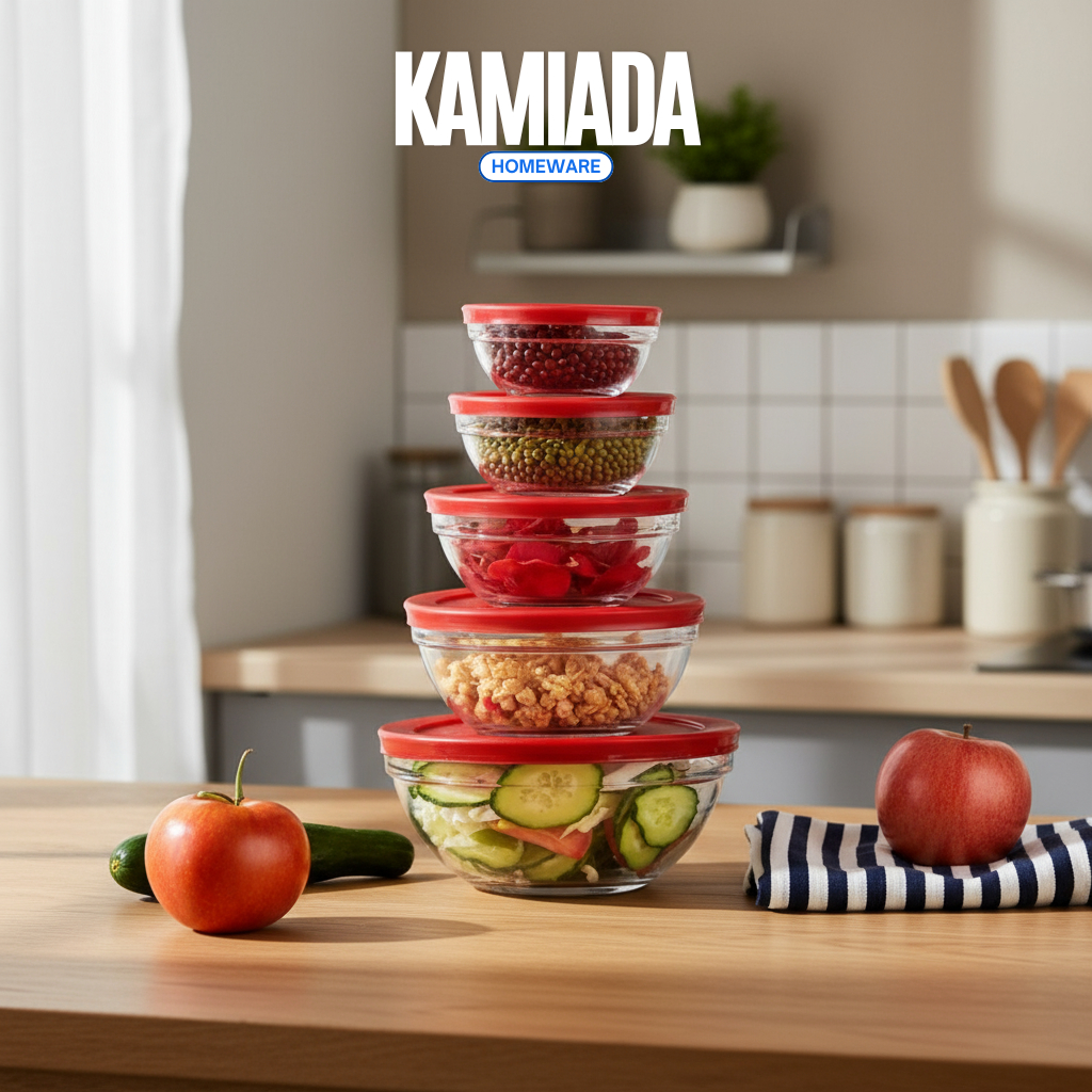 1 Set 5 Pcs Mangkok | Mangkok Kaca dengan tutup | Mangkok Makan Premium | Rantang 5 susun