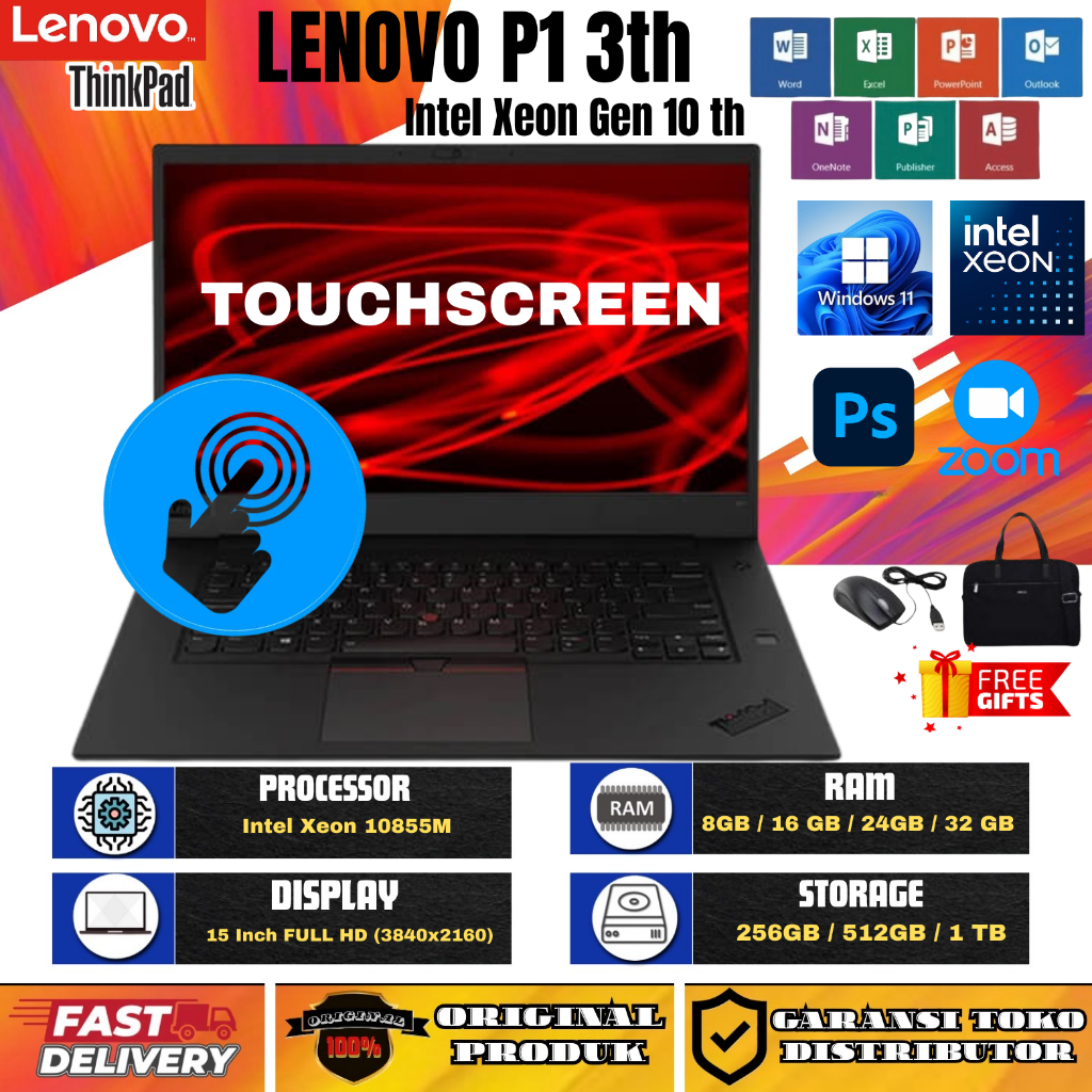 laptop GAMING TOUCHSCREEN LENOVO THINKPAD P1 3th Intel Xeon Generasi 10th 32/1TB Dual VGA NVIDIA Qua