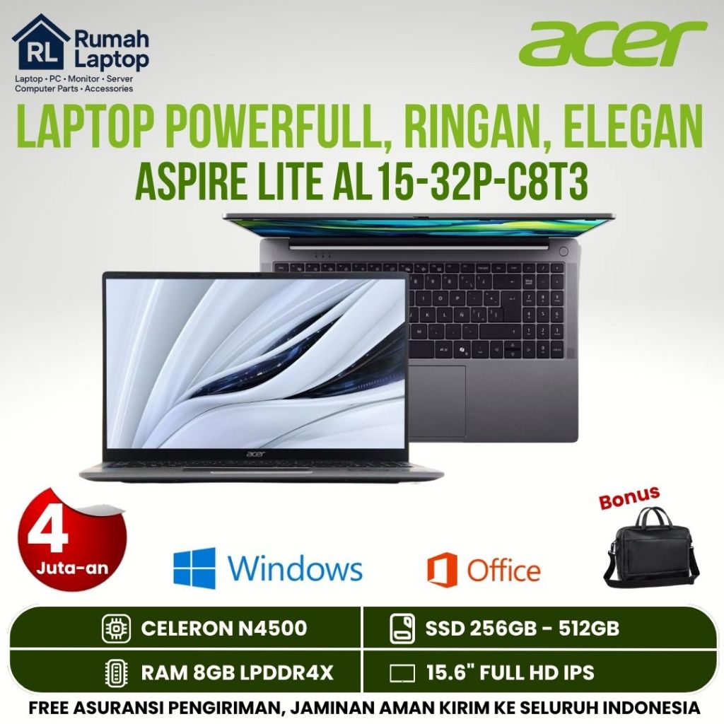 Flashsale Laptop Acer Aspire Lite 15-C8T3 Intel Celeron N4500 Ram 8GB SSD 512GB 15.6" Full HD IPS