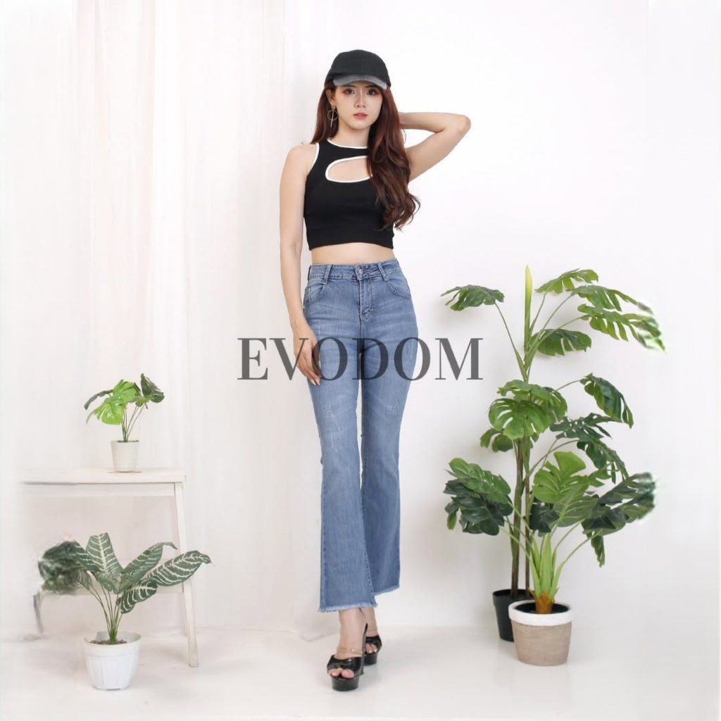 Evodom - Verada Flare Denim Pants - Celana Jeans High Waist Cutbray Wanita