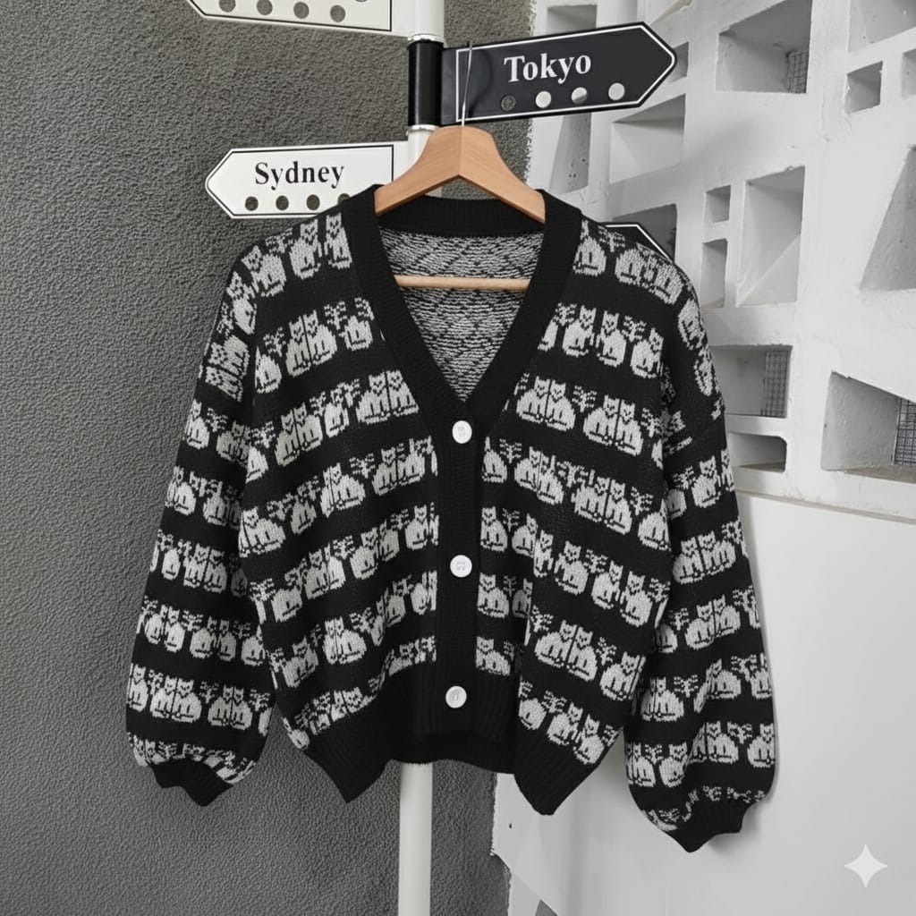 CARDIGAN RAJUT CROP OVERSIZE WANITA IMPORT MOTIF KUCING KOREA