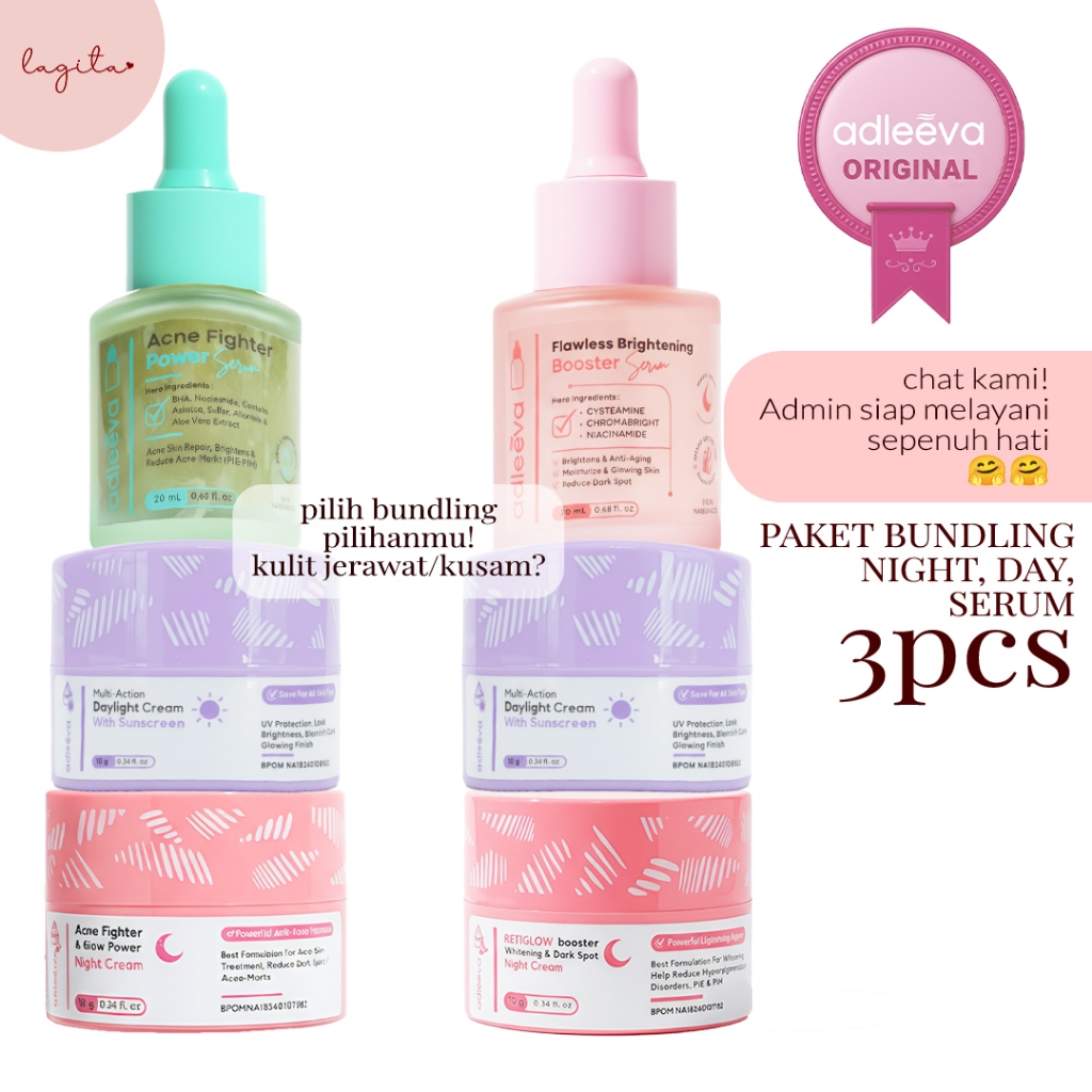 Adleeva Skincare Paket Skincare Bundling Serum Day Night Cream Whitening Acne 3 Pcs
