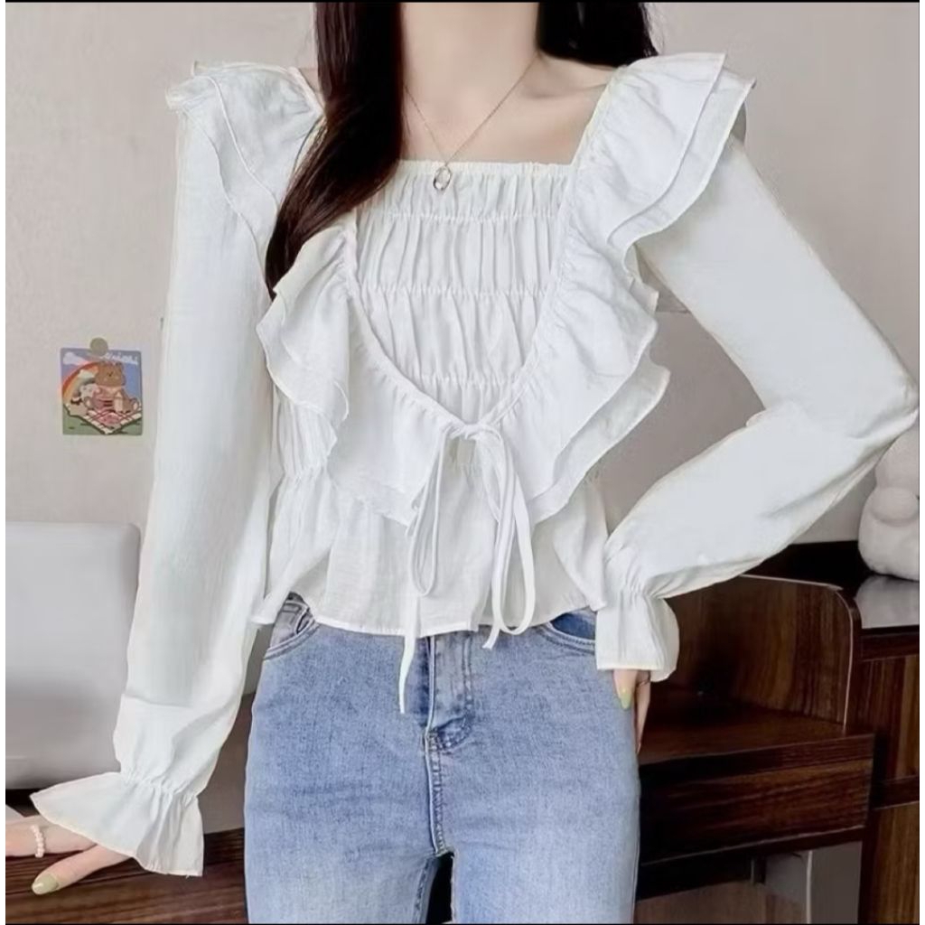 YOANA TOP BLOUSE ATASAN KEMEJA WANITA KOREAN REMPEL BAHU
