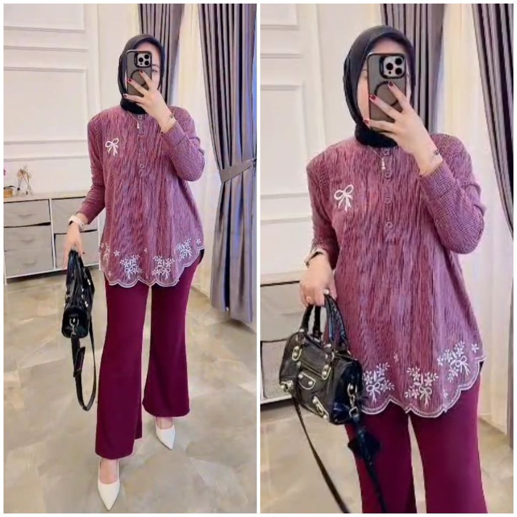 helena setcelana atasan kancing bordir renda kaos knit rajut import busui terbaru