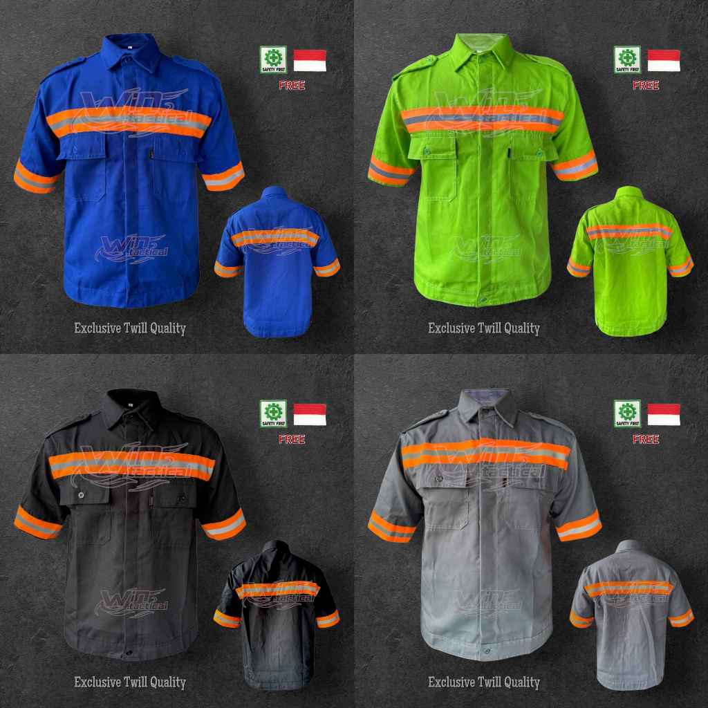 GROSIR Wearpack Safety Kemeja Lengan Pendek Lis Oren / Seragam Baju kemeja Safety Kerja Proyek Lapan