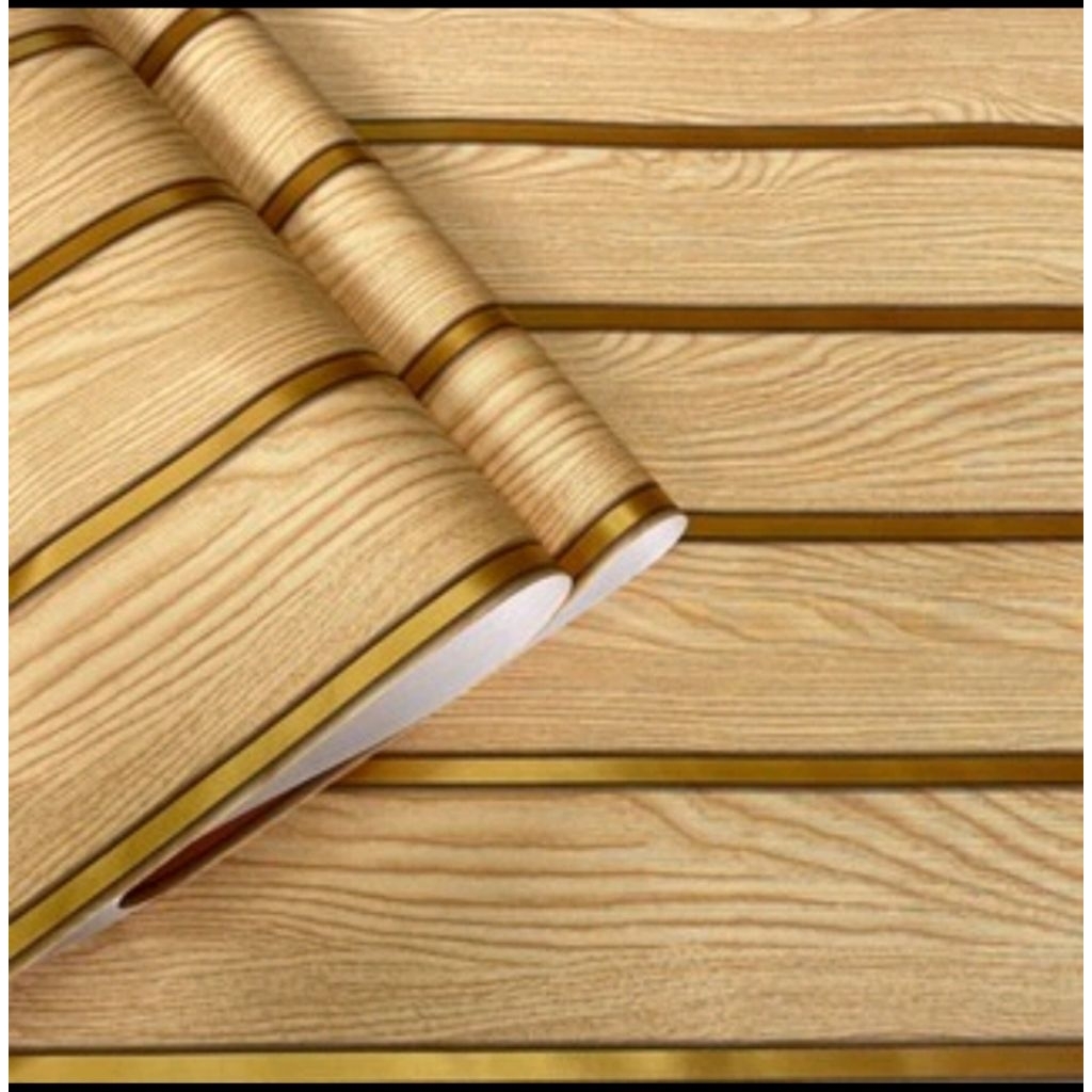 WALLPAPER DINDING MOTIF KAYU PANEL KUNING LIST GOLD