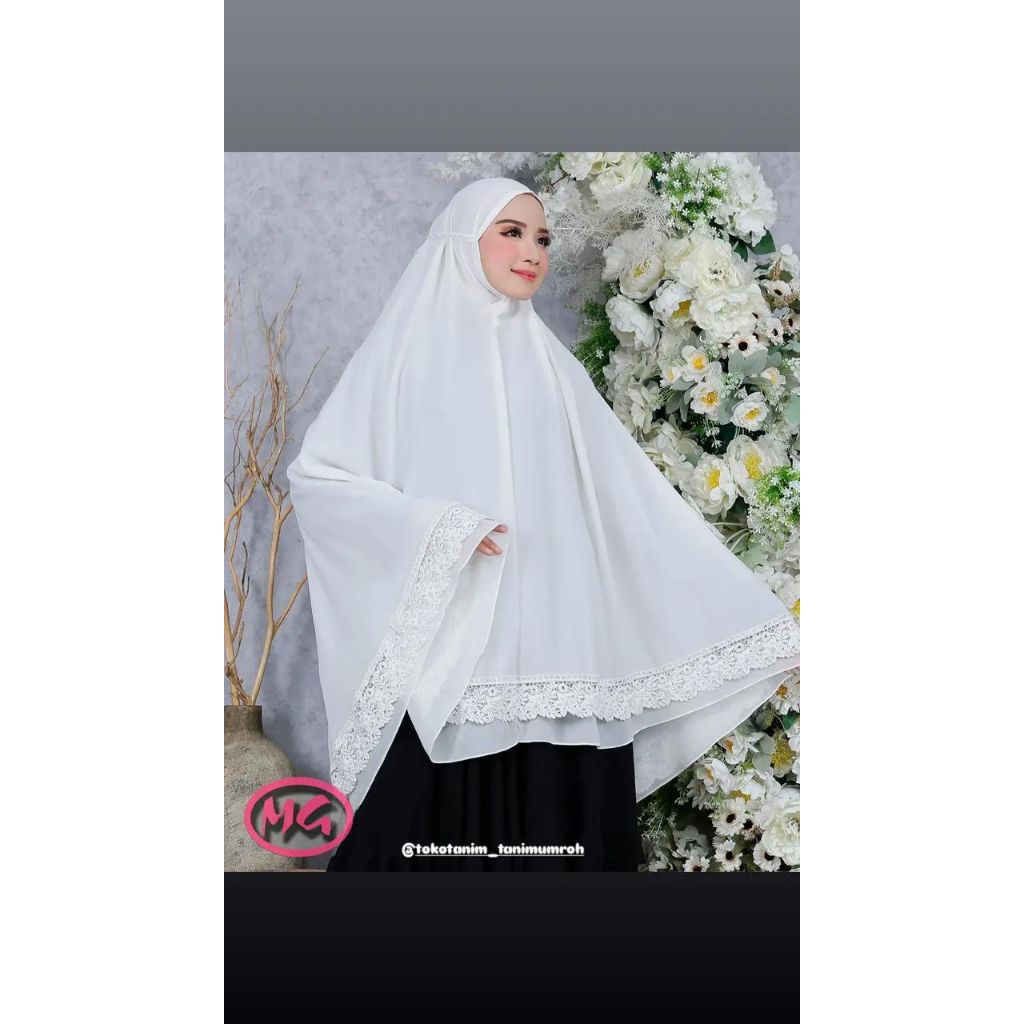 Jilbab Putih Panjang Bergo' Renda Bordir
