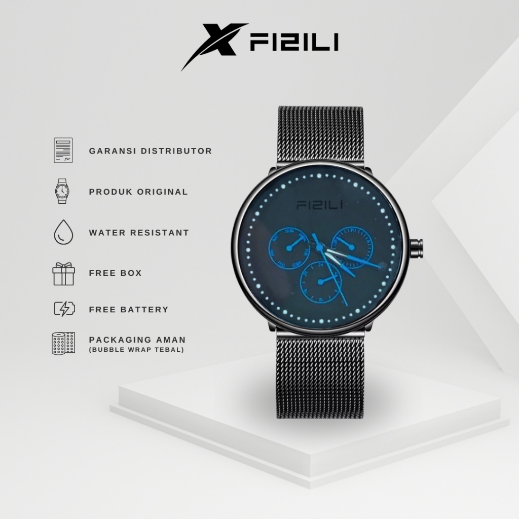 FIZILI Jam Tangan Pria 1025 – Steel Strap, Fashion Minimalis, Chronograph, Tanggal, Stopwatch, Jarum