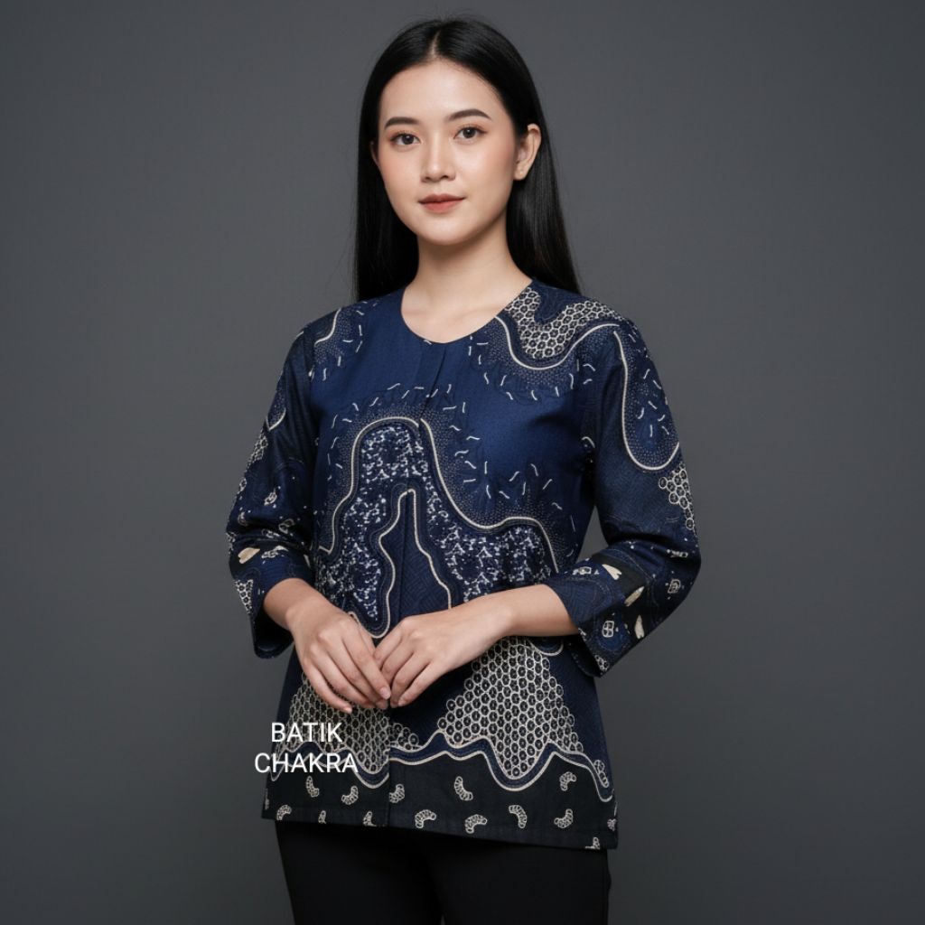 blus batik wanita modern BIRU NAVY bahan katun lapis full trikot
