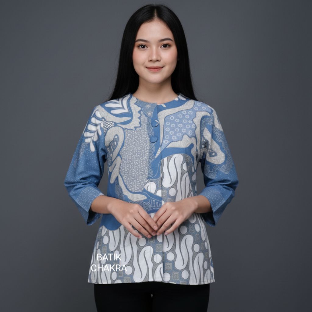 blus batik wanita BIRU DENIM bahan katun lapis full trikot
