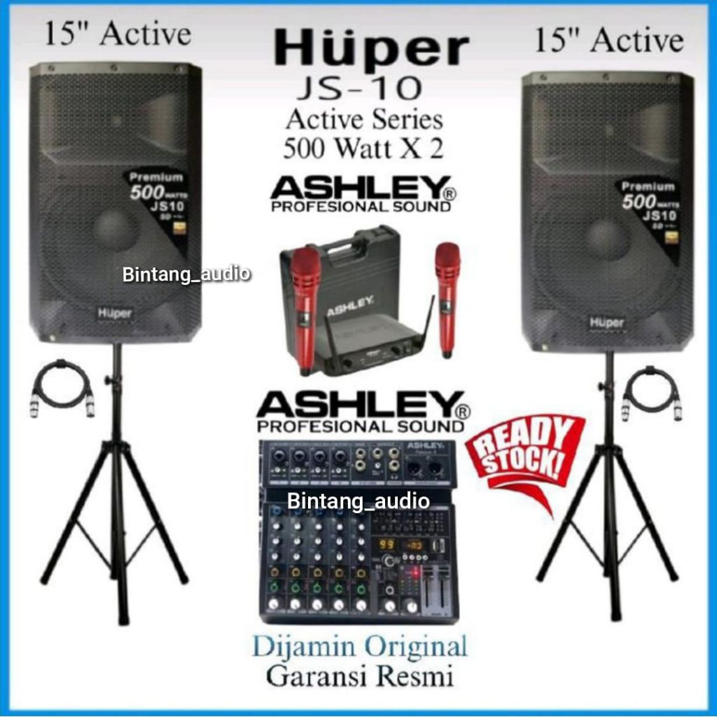 Paket Sound System Karaoke Speaker Aktif 15 Inch Huper JS10 Original Mixer Ashley Mic 2 Wireless Kop
