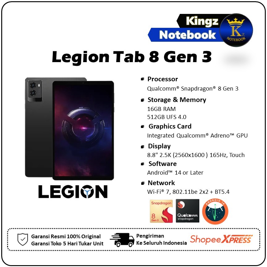 Lenovo Legion Tablet Snapdragon 8 Gen 3 RAM 16GB 512GB UFS 4.0 Android 14