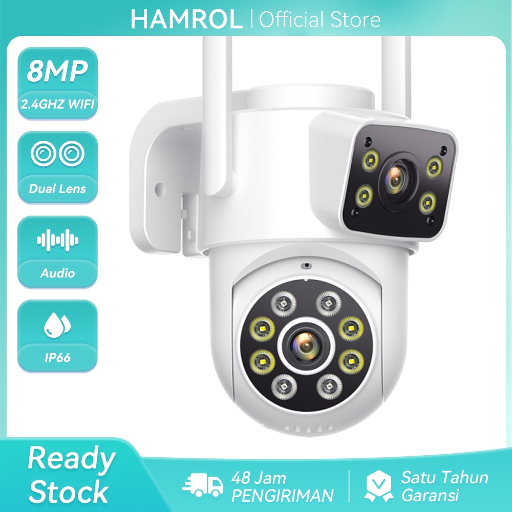 Hamrol 8MP 4K Camera Wifi Luar Ruangan Kamera Penglihatan Malam CCTV Pengawasan Lensa Ganda ICsee