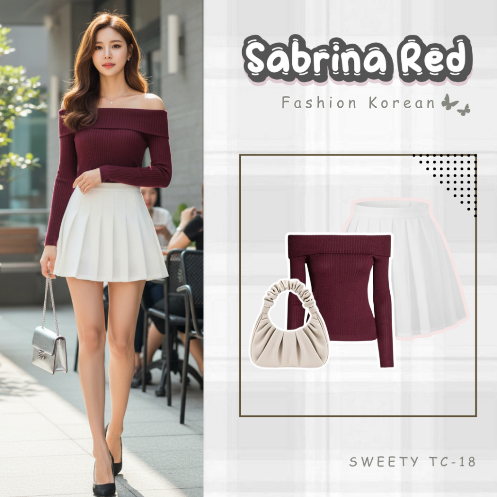 Outfit Set Wanita Korea ( Sabrina Top + Rok Pendek ) Setelan Oneset Chorong Baju Seksi Kekinian Ootd