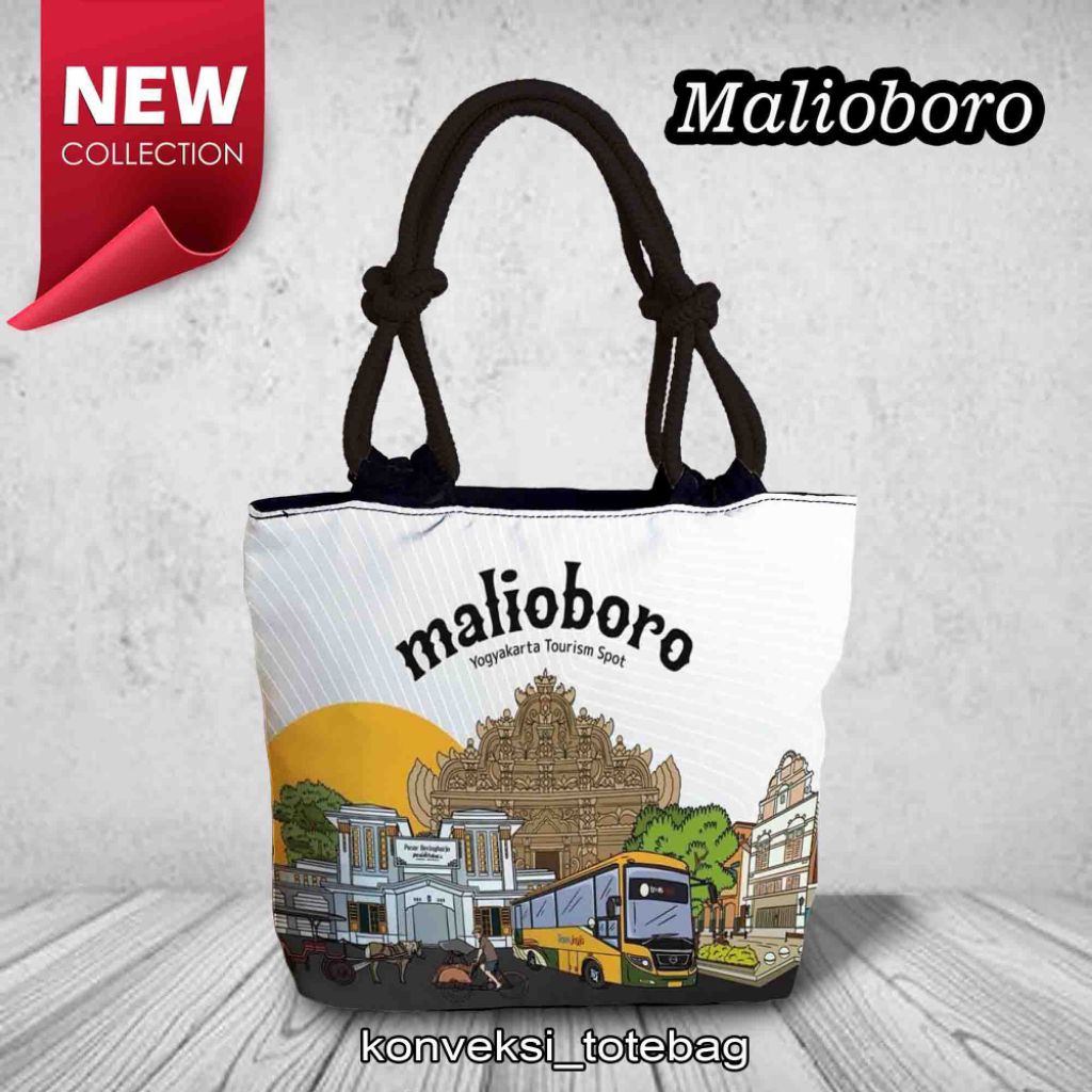 (konveksi totebag) Souvenir tas motif Yogyakarta/totebag tali sumbu kepang warna hitam motif Yogya/o