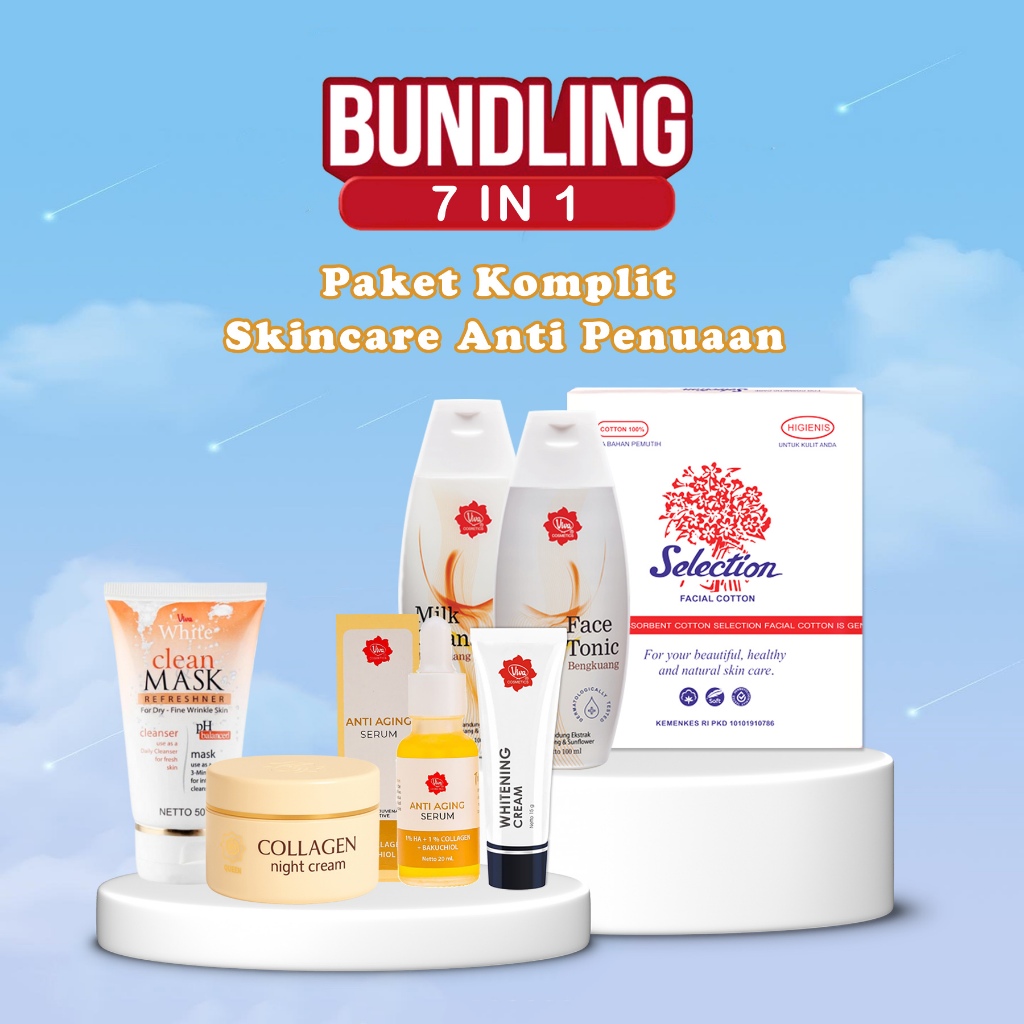 Paket Komplit Viva Kosmetik Perawatan Wajah Anti Penuaan Dini 7 Produk Serum Collagen Milk Cleanser 