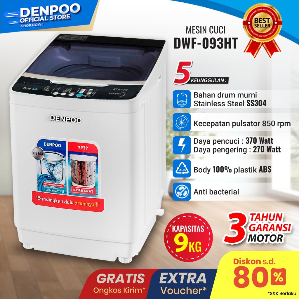Mesin Cuci Denpoo Tabung 1 DWF - 093 kapasitas 9 kg