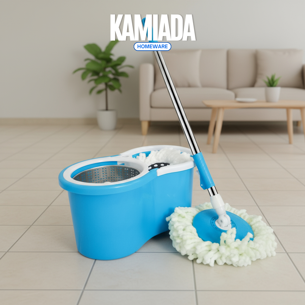 Alat Pel Spin Mop Putar Otomatis / Pel Mop Putaran Stainless Plastik/Rotary Mop Alat Pel Set Ember