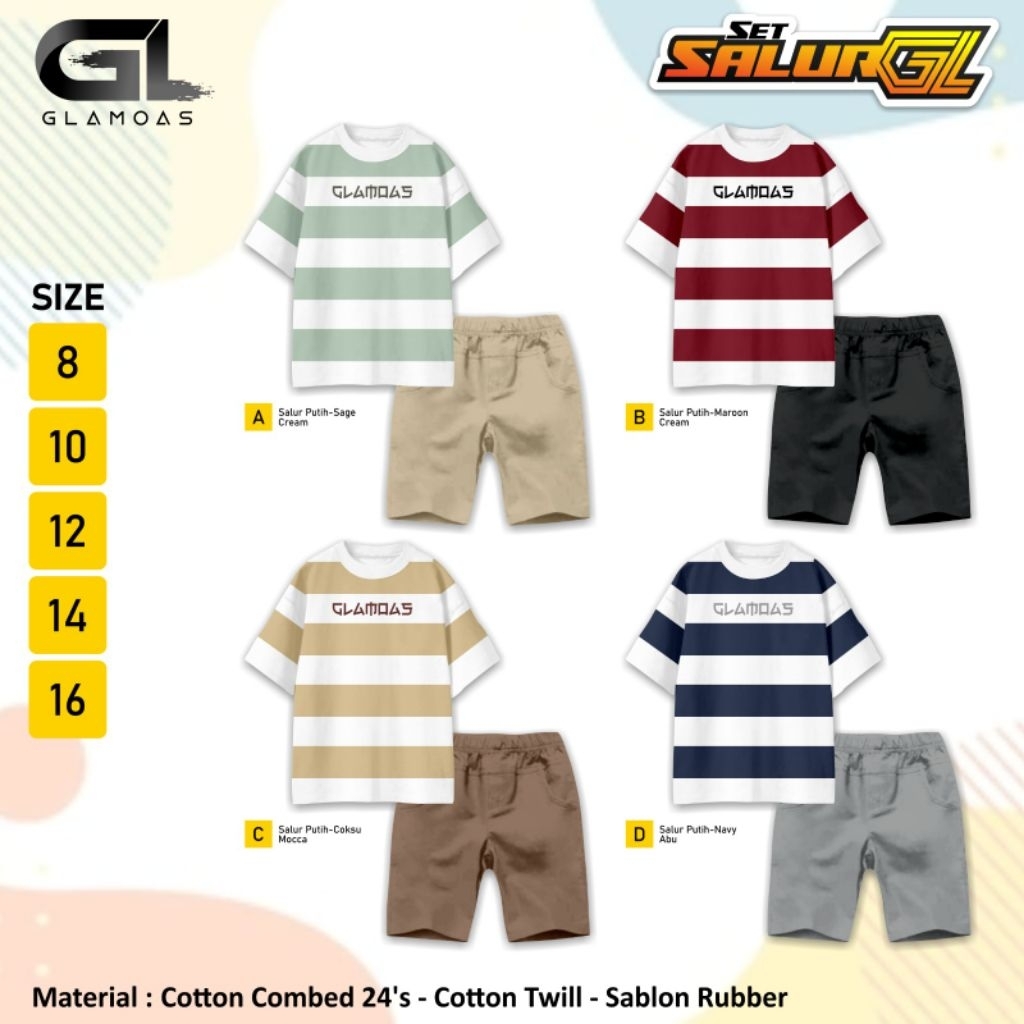Po‼️ Glamoas Setelan Kaos Celpen Chinos Anak Cowok Daily Set Salur Gl 8-16th Combed Premium /Terbata