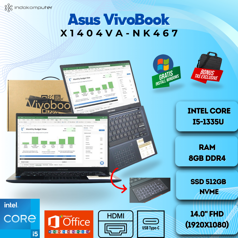 Laptop Core i5 Generasi TERBARU Asus VivoBook X1404VA-NK467  Core i5-1335U  RAM 16GB SSD 512GB 14" F