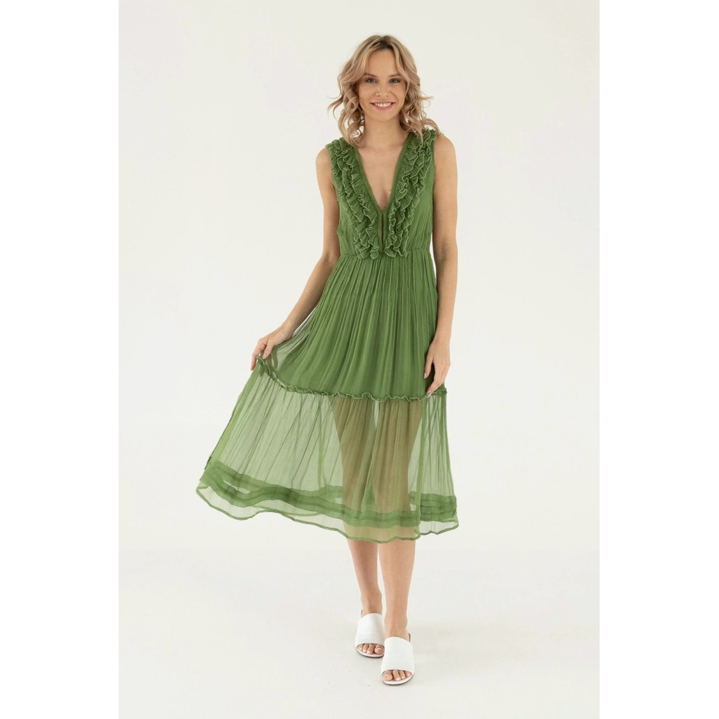 LULU YASMINE Cinnamon Silk Chiffon Dress in Green Size S | Brand New (No Tag)