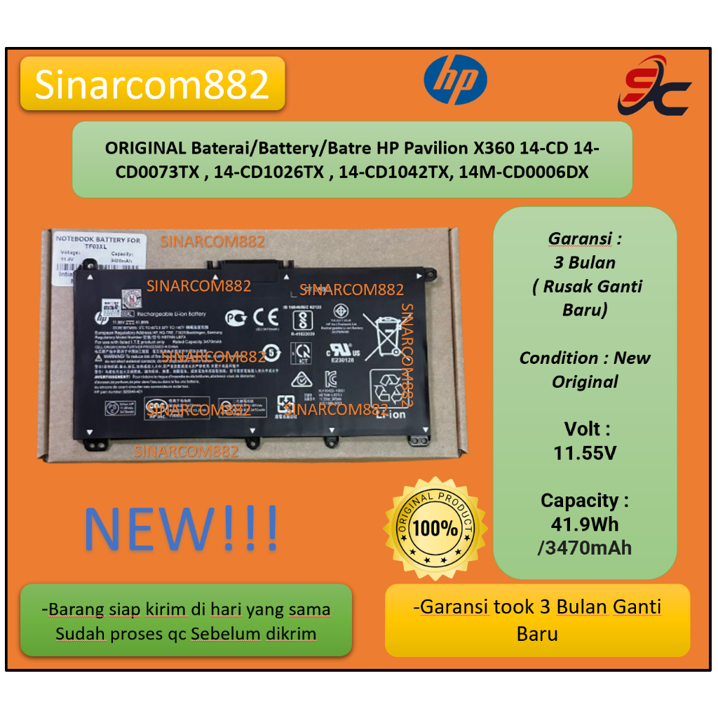 ORIGINAL Baterai/Battery/Batre HP Pavilion X360 14-CD 14-CD0073TX , 14-CD1026TX , 14-CD1042TX, 14M-C