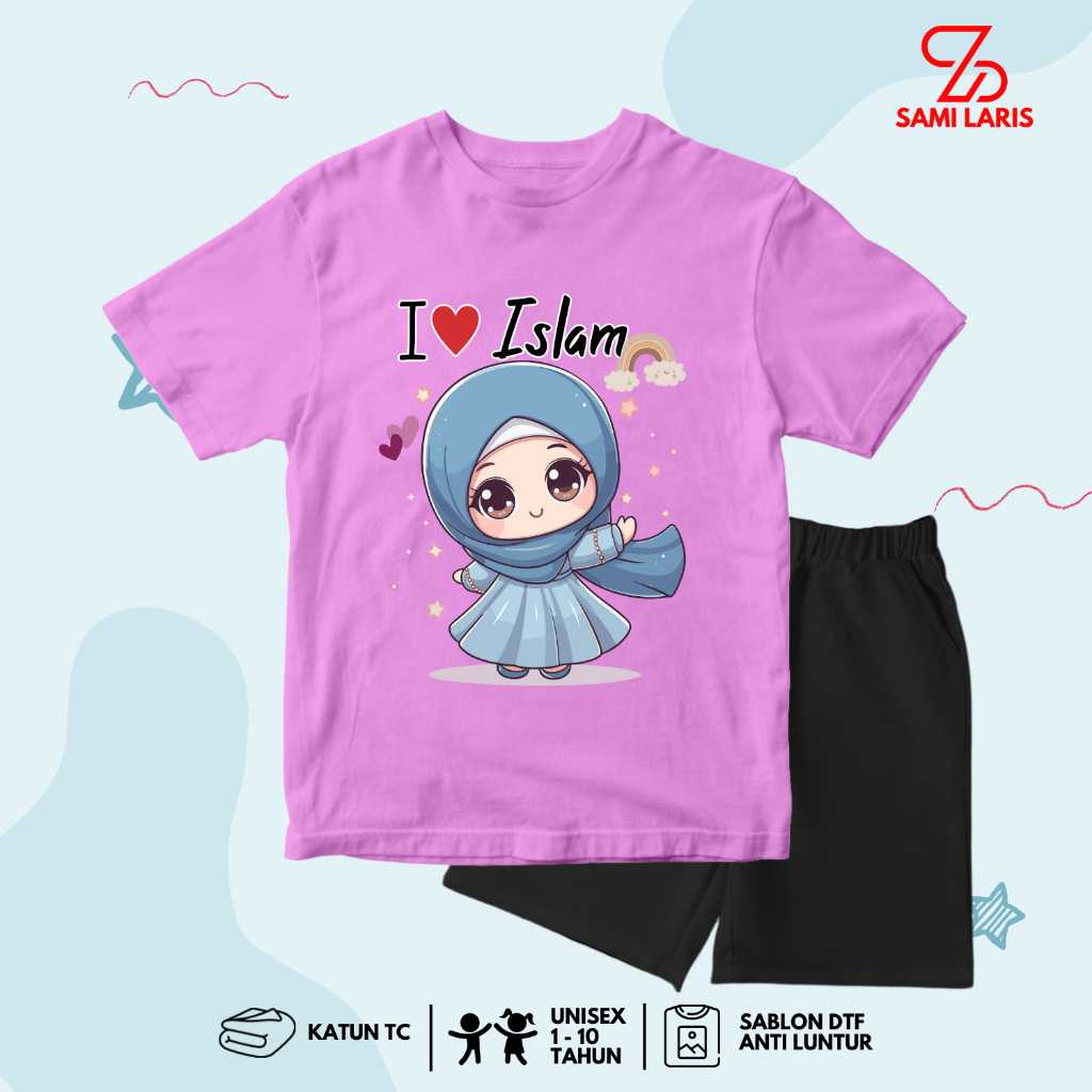 Setelan Baju Kaos Anak Perempuan Motif I LOVE Islam Kartun Muslimah Lucu Umur 1 - 10 Tahun