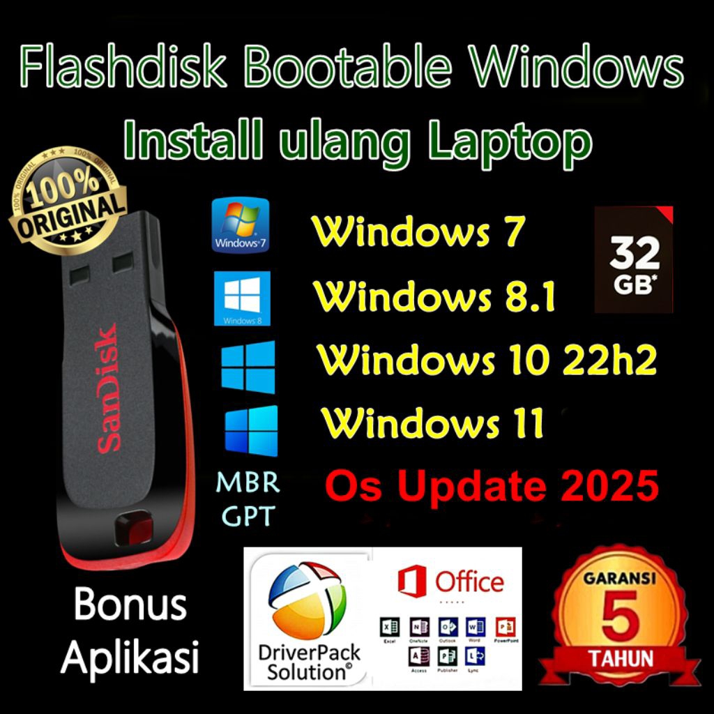 Flashdisk MultiBootable Windows 7 8.1 10 11 Sandisk 32GB