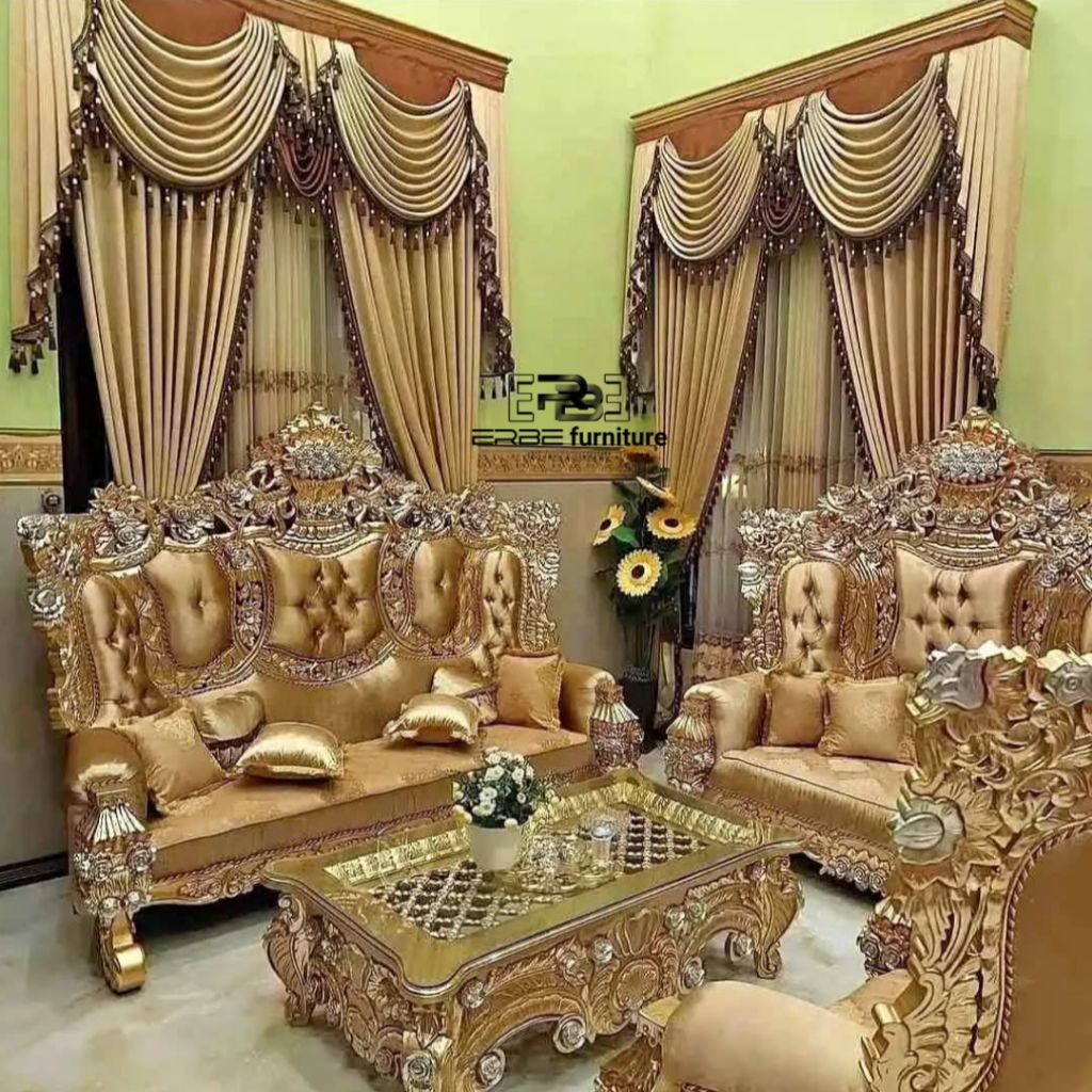 kursi sofa ruang tamu Aladin ukir mewah kayu jati perhutani finishing cat Duco emas Prada