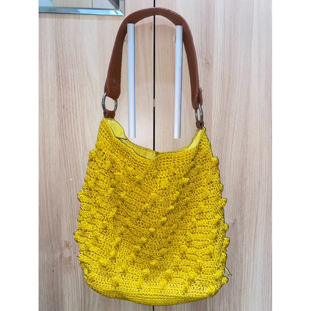 tas bahu rajut handmade warna kuning kunyit