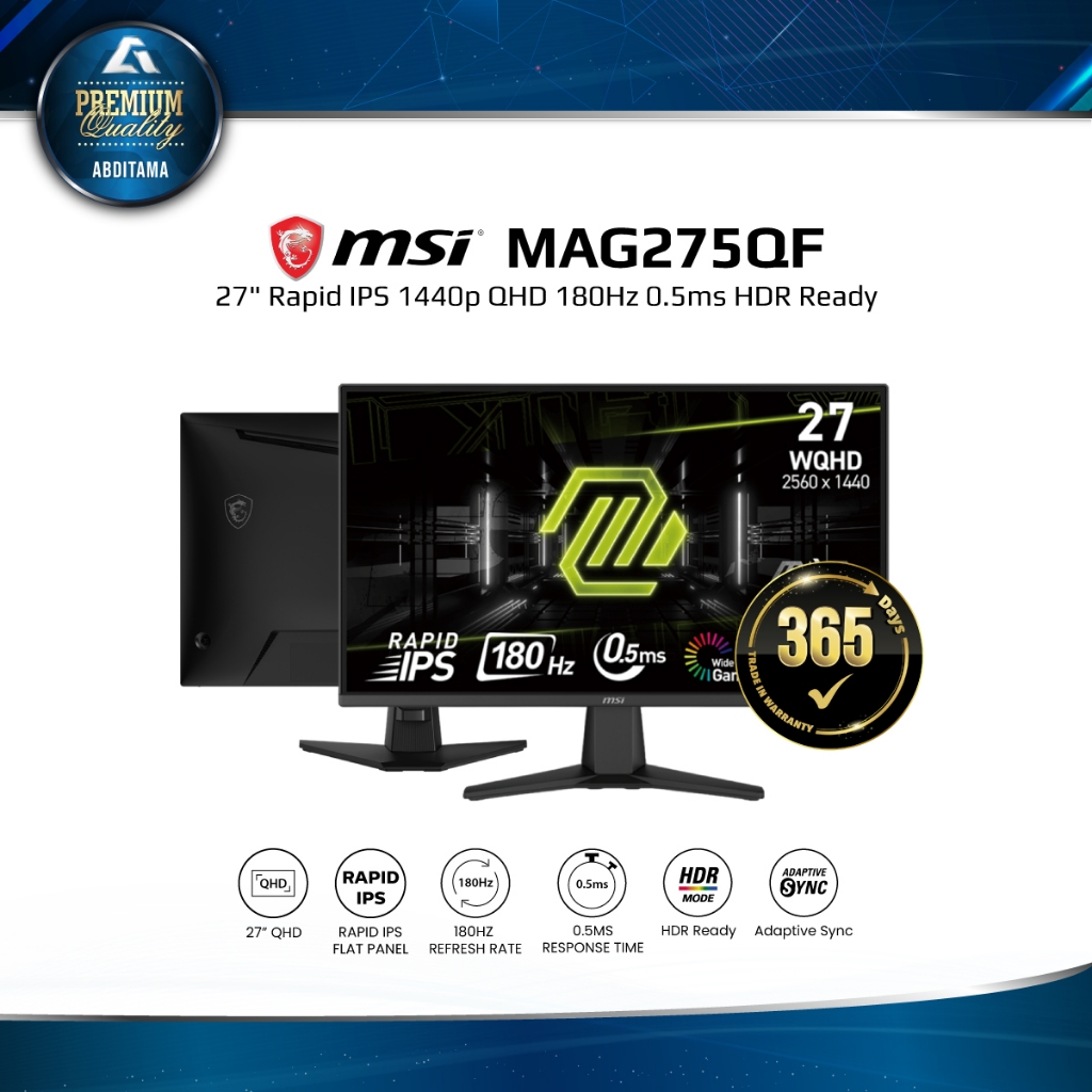 Monitor LED MSI MAG275QF 27" Rapid IPS 1440p QHD 2K 180Hz 0.5ms HDMI x2 DP x1 HDR Ready Vesa Wide Co
