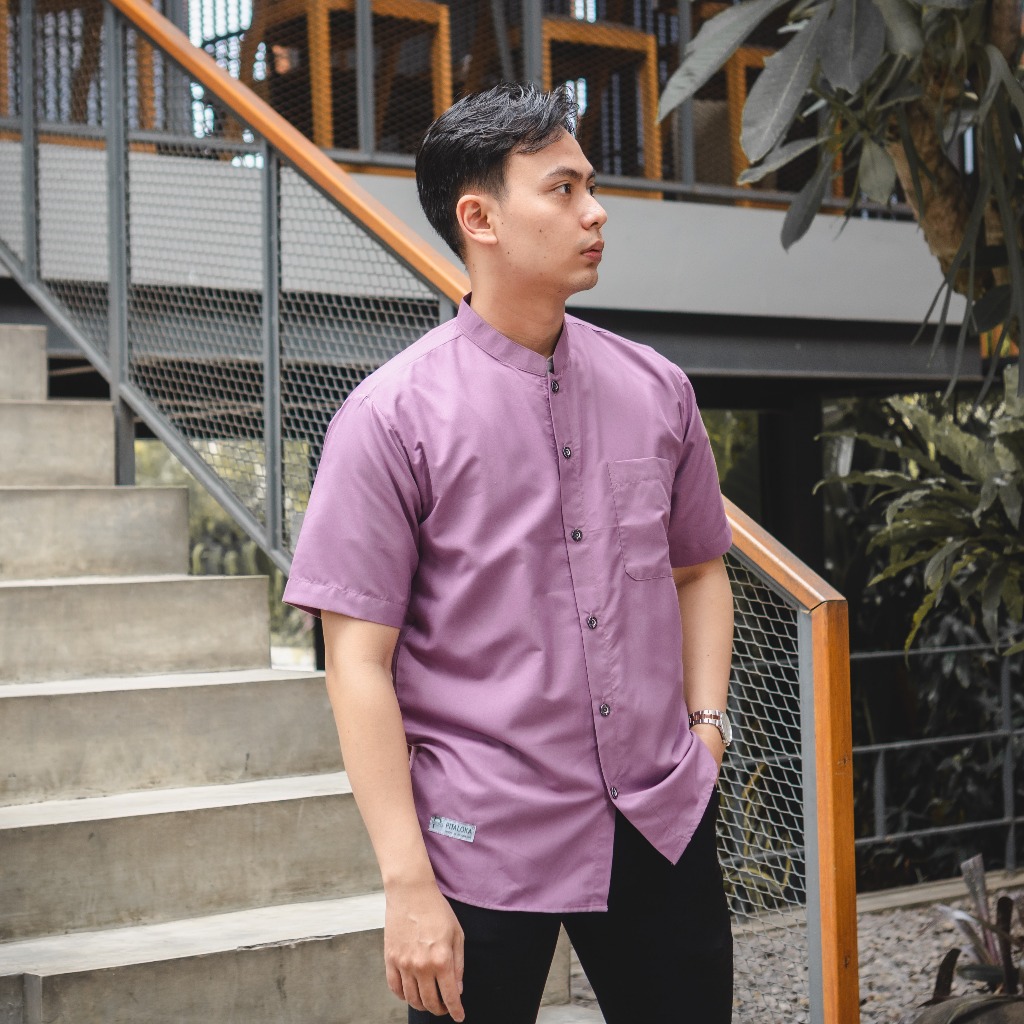 Baju Koko Pria Polos Lengan Pendek Motif Cholied Warna Lavender Denim Bata Bahan Toyobo Tojiro