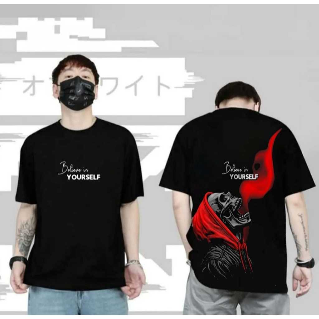 BAJU KAOS DISTRO T-SHIRT BERMOTIF GAMBAR TENGKORAK YOURSELF/KAOS TENGKORAK HODIE MERAH/ATASAN WANITA