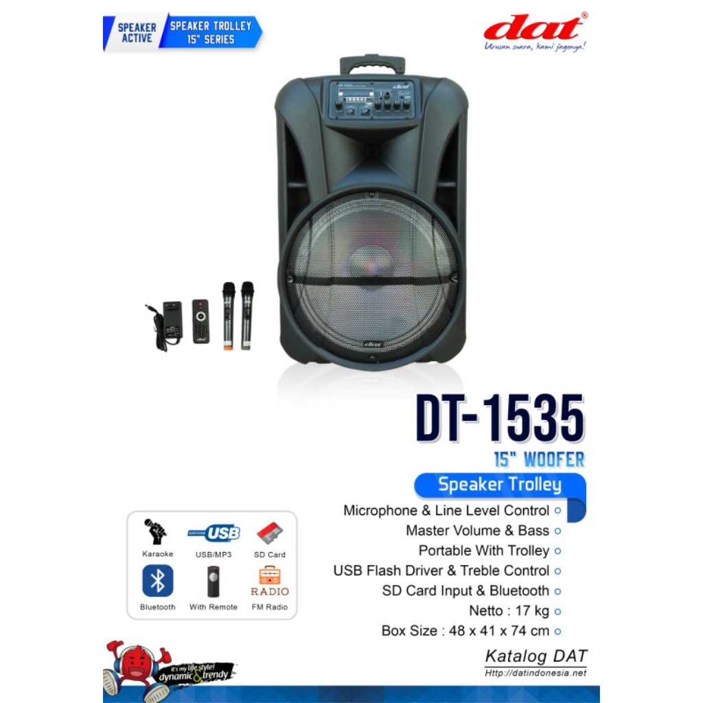 DAT Speaker DT-1535 – Trolley Speaker 15” Bluetooth, USB/SD, FM Radio, 2 Mic Wireless + Remote