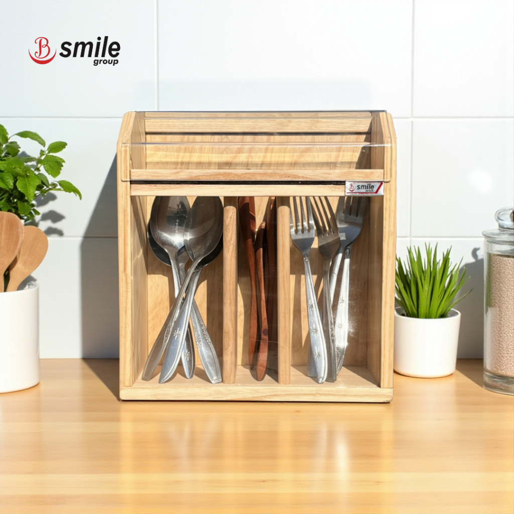 B Smile Group - Tempat Sendok Kayu Estetik Tutup Akrilik (3 Sekat)