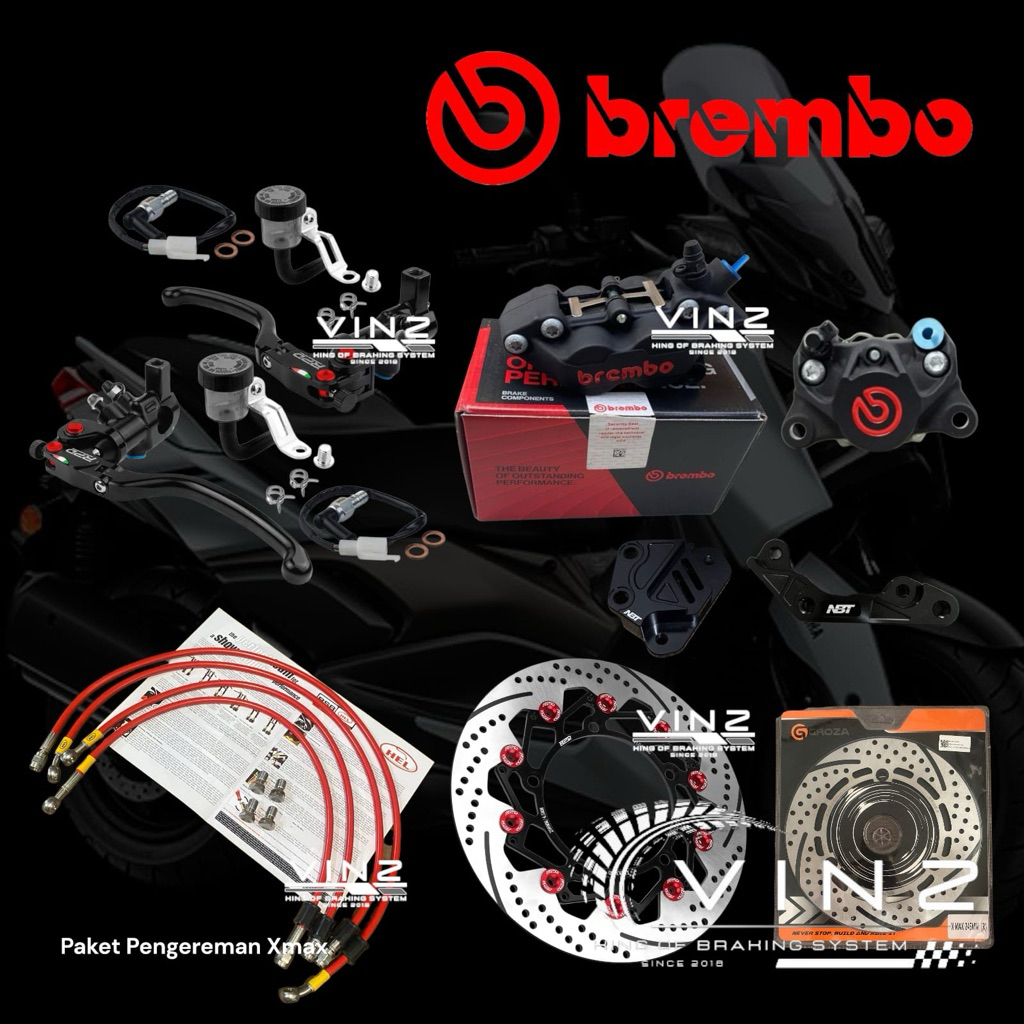 Paket Pengereman Xmax Kaliper Brembo P4 P2 Black // Master Rem RPD Merah // Selang Hel Xmax Full Set