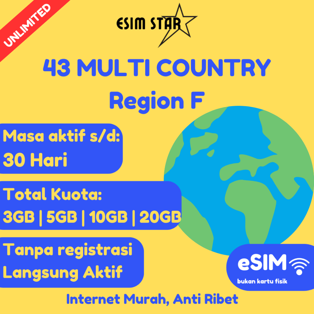 esimstar - ESIM 43 MANCA NEGARA Region F | Multi Country ESIM | Travel SIM | Big Data | Internet Roa