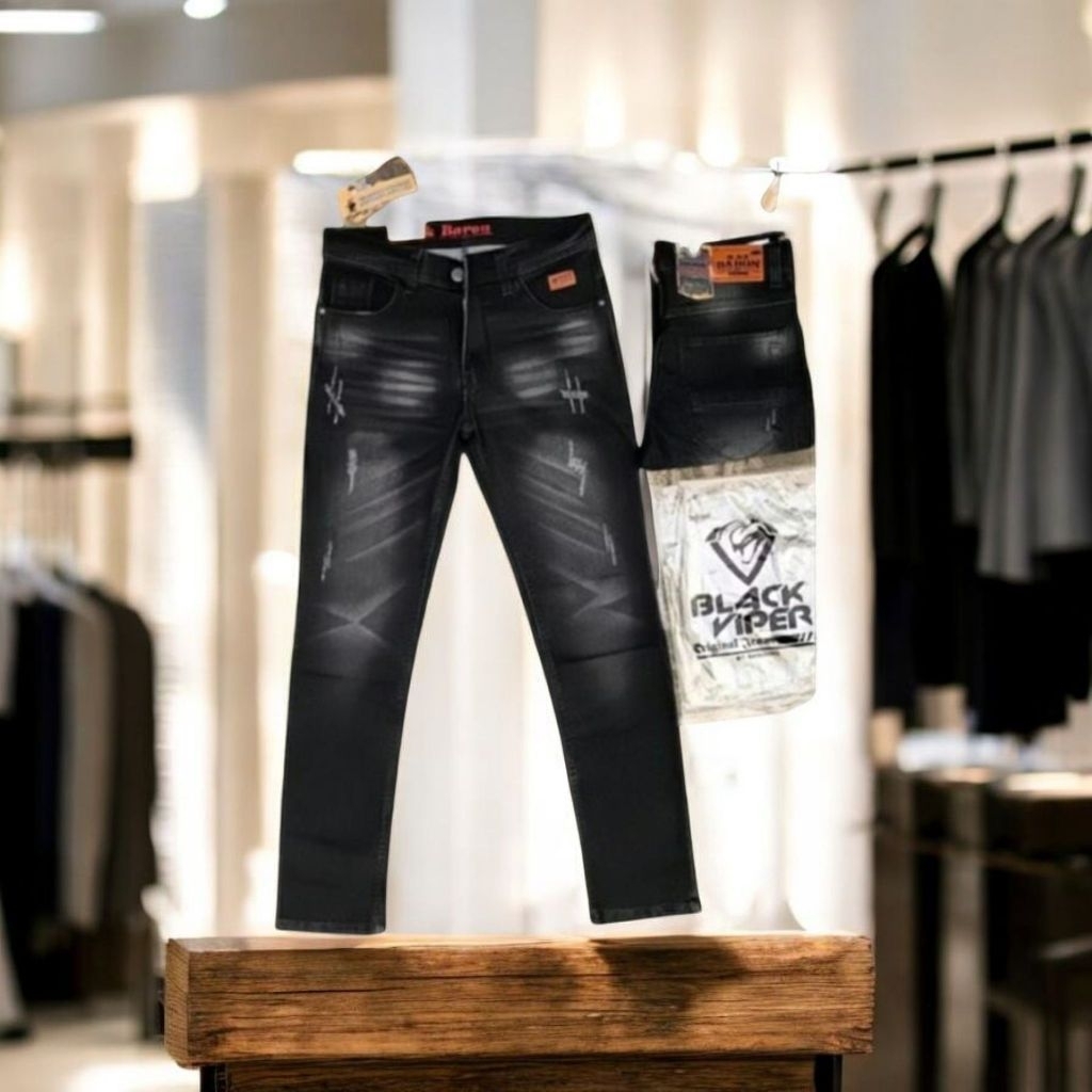 Bikers jeans celana jeans pria ripped bikers black viper Apparel black wash salvage