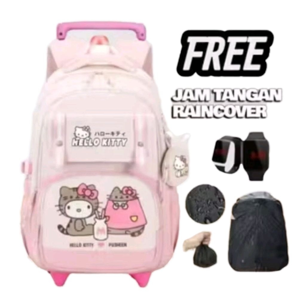 Tas Ransel Troli 3in1 Hello Kitty Ransel Anak Sekolah Perempuan SD SMP SMA Free Jam LED+Raincover