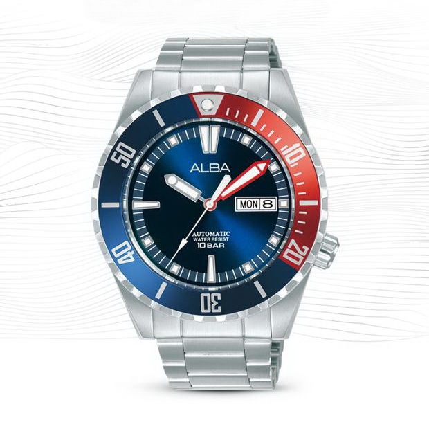 Alba Mechanical Jam Tangan Pria AL4695X1 Automatic Blue Dial Blue Red Bezel Stainless Steel Bracelet