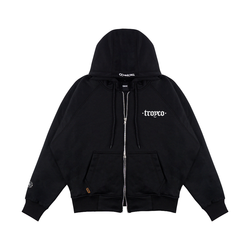 Troy Company Hoodie Boxy Raglan Double Slider Zip Black Trinity - Hoodie Hitam ZDSH 3363