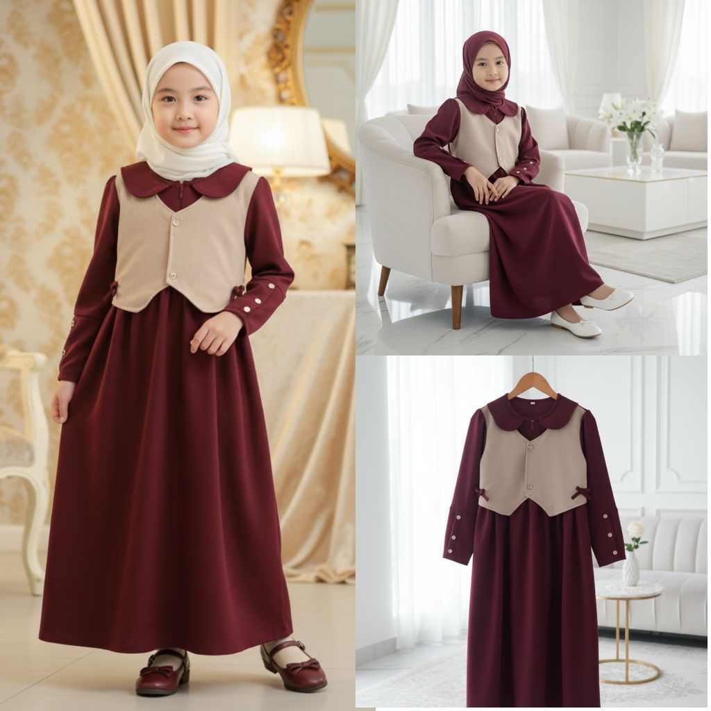Gamis Anak Syaira Warna Maroon/Merah Bata Bahan Nigiri Knit Premium Anak Perempuan 2-8 Tahun / Gamis