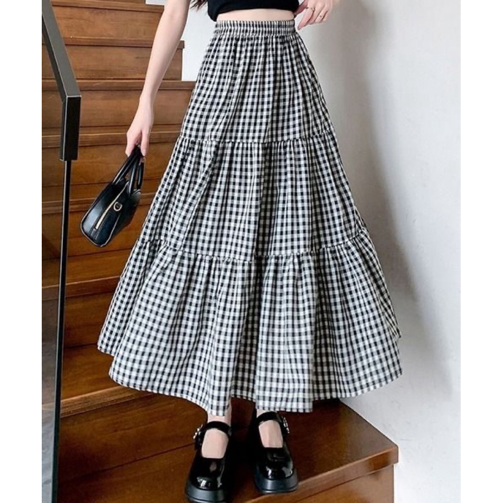 Ramdan Official - Rok Kotak Hitam Putih Panjang Wanita Bahan Katun Flare A-Line Casual Kekinian