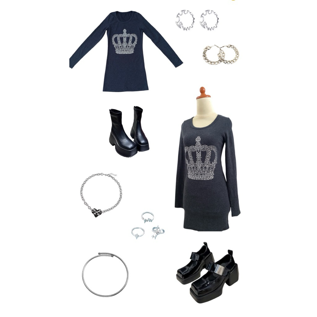 japanese poem dress fitbody grey crown kawai grunge goth