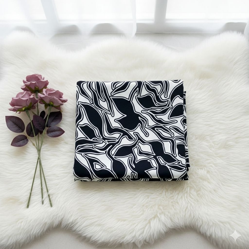 Kain Satin Silk Motif Abstrak Hitam Putih Premium – Bahan Halus, Elegan & Mewah Lq