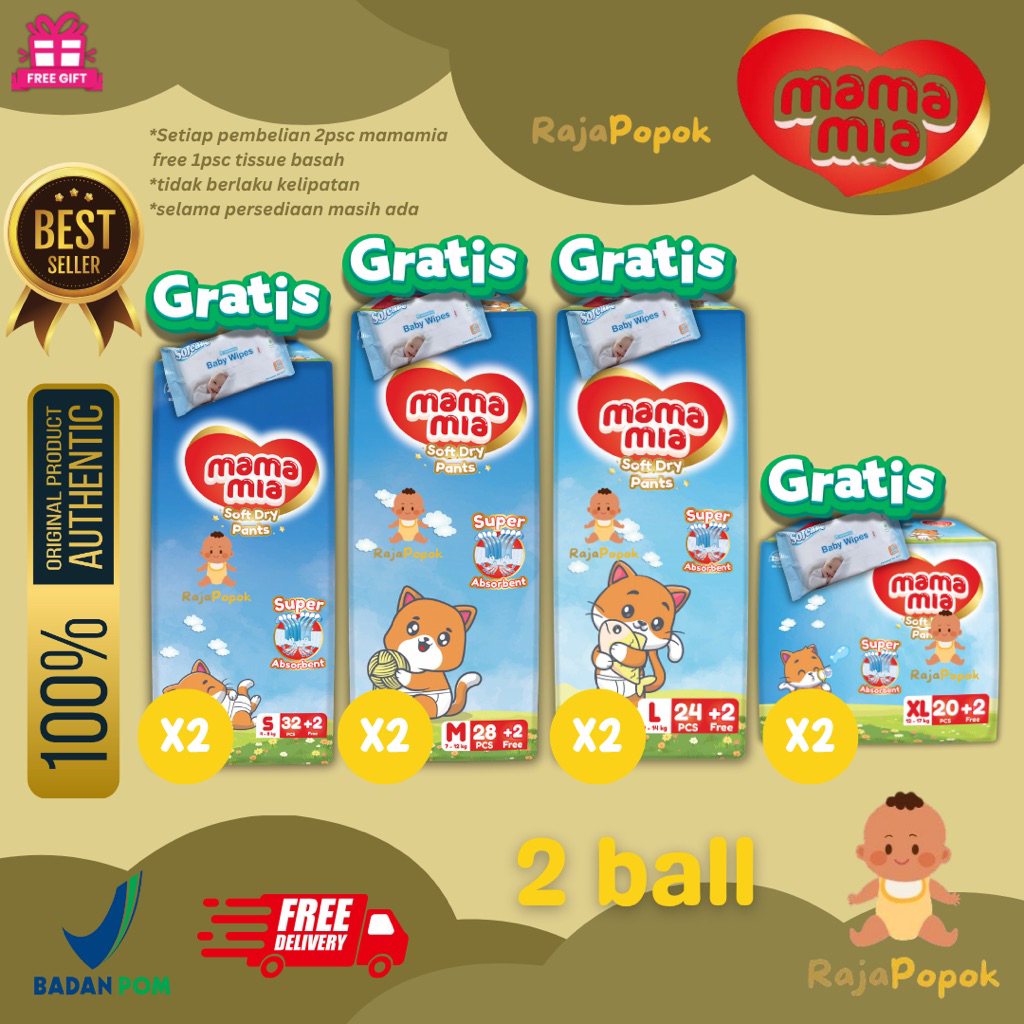 [2 Ball] MAMAMIA Popok Bayi Celana Premium S32+2 M28+2 L24+2 XL20+2 - Super Lembut Extra Kering Soft