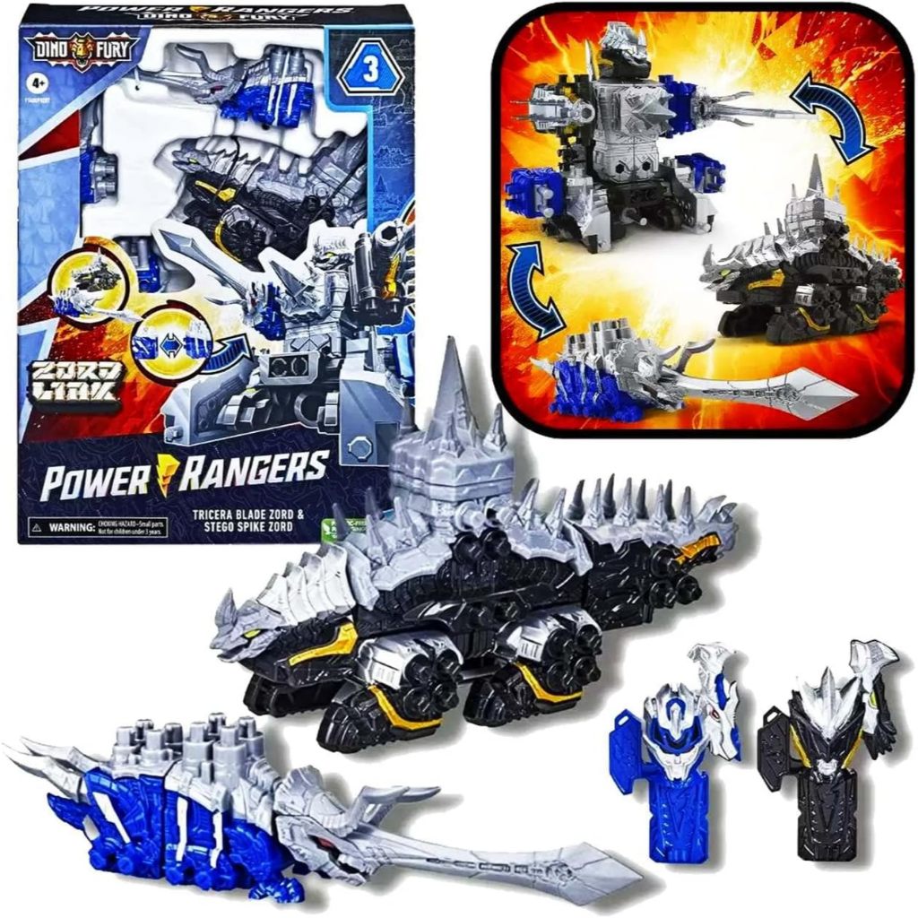 Power Rangers Dino Fury Blue Tricera Blade and Black Stego Spike Zord Toys for Kids Ages 4 and Up Zo